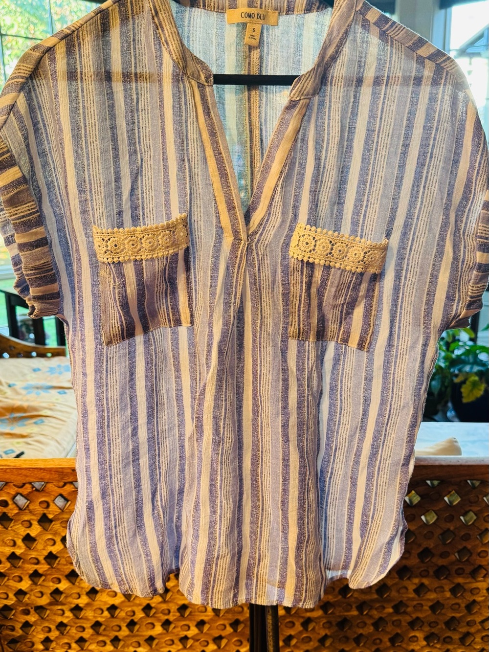 Como Blu Blue & White Striped V-Neck Crochet-Pocket Tunic
